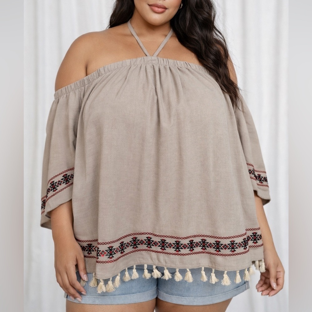 Boho Off-Shoulder Embroidered Tassel Hem Top | Peasant Style (1162)